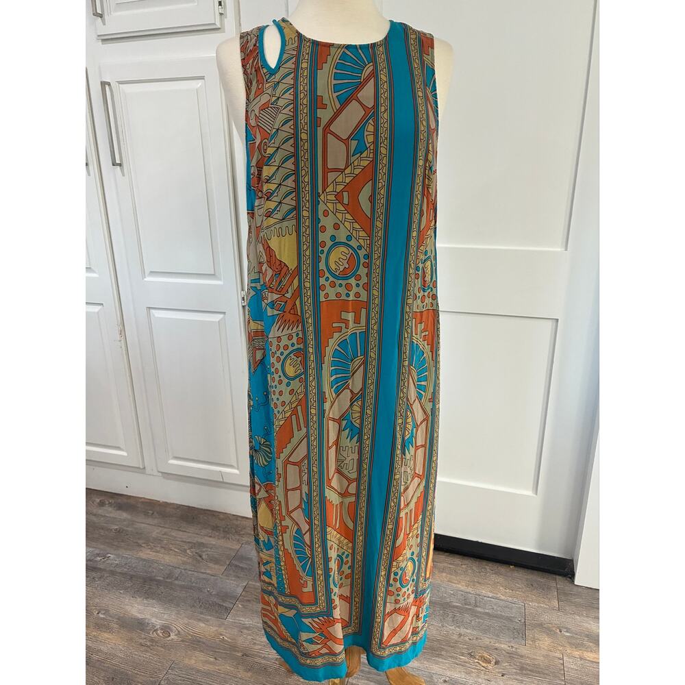 Anthropologie Akemi + Kin Tanvi Silk Column Dress Boho Geometric Orange Teal 12